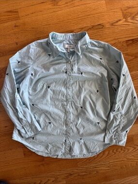 100% cotton CJ Banks Light Blue Button-Down Shirt with Hummingbird Embroidery